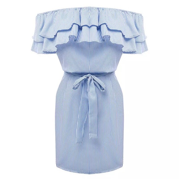 New Plaid blue Dress Off Shoulder strapless - Picture 1 of 5